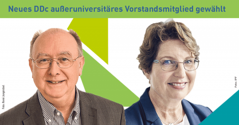 Es ist auf der linken Seite Professor Wieland Huttner und auf der rechten Seite Professorin Brigitte Voit zu sehen. Oben steht es Neues DDc außeruniversitäres Vorstandsmitglied gewählt