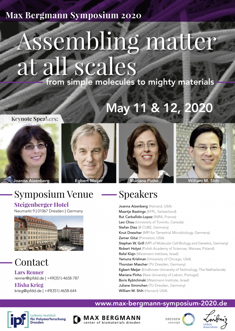 Ein Plakat, auf dem es Assembling matter at all scales May 11 & 12, 2020 steht / Englisch:A poster that says Assembling matter at all scales May 11 & 12, 2020