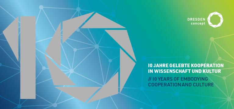Poster: 10 Jahre gelebte Kooperation in Wissenschaft und Kultur mit DRESDEN-concept Logo / Englisch: 10 years of living cooperation in science and culture with DRESDEN-concept logo