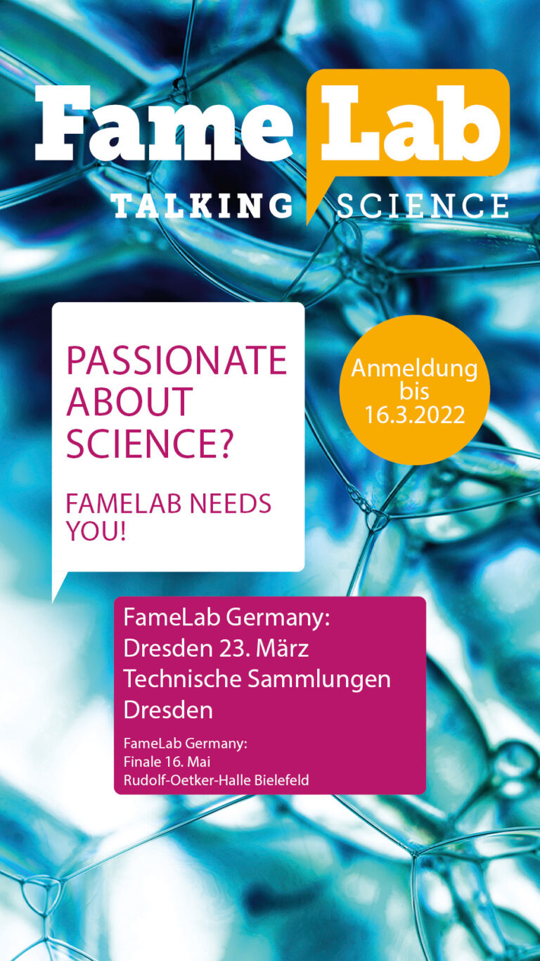 Plakat: Veranstaltung FameLab Germany am 23. März 2022 in technischen Sammlungen Dresden
