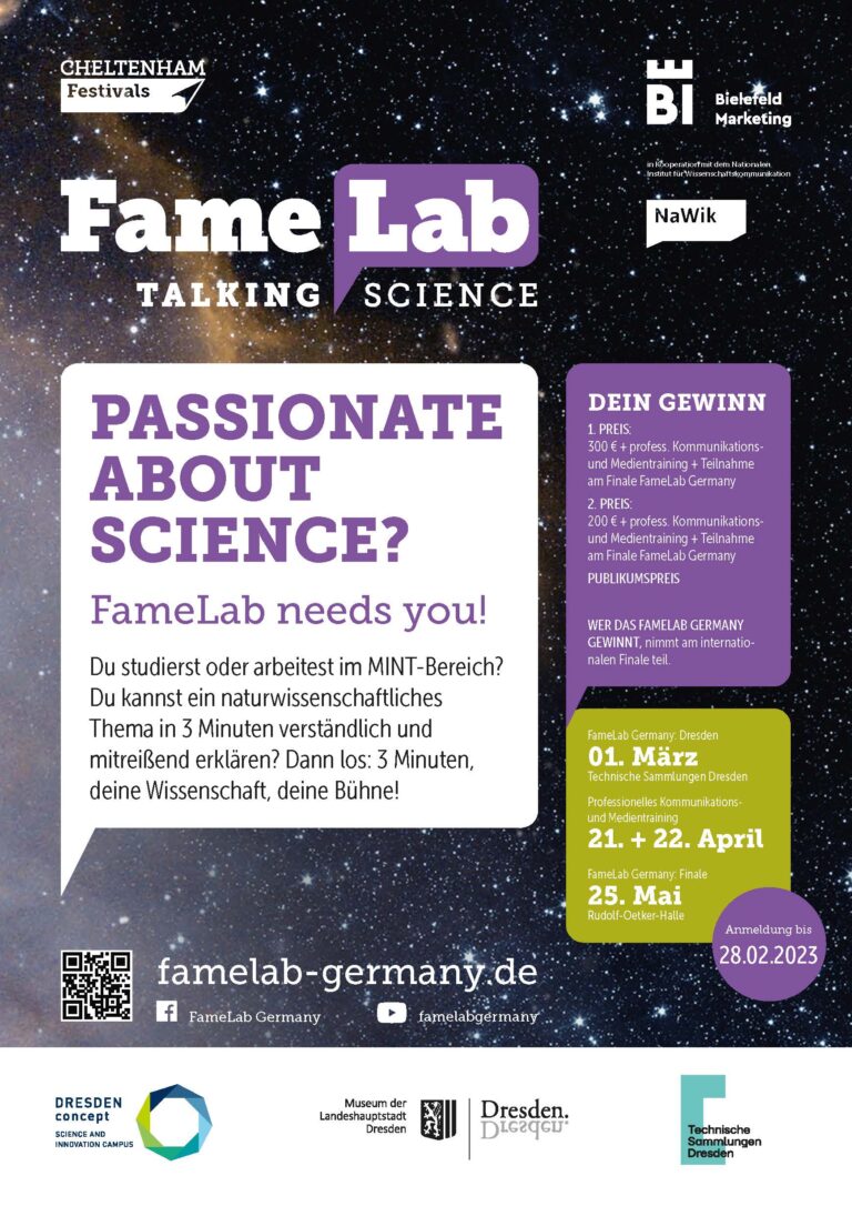 Poster for the regional heat FameLab Germany: Dresden on March 1