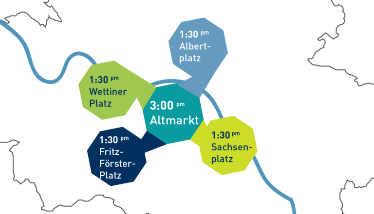 Map of meeting points and times for the star processions and the final meeting point on Altmarkt for May 25. 03:00 pm: Altmarkt 01:30 pm: Fritz-Foerster-Platz 01:30 pm: Sachsenplatz 01:30 pm: Albertplatz 01:30 pm: Wettiner Platz