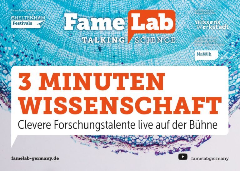 FameLab Talking Science, Cheltenham Festivals, FameLab Germany wird präsentiert von wissenswerkstadt in Kooperation mit dem Nationalen Institut für Wissenschaftskommunikation NaWiK, 3 Minuten Wissenschaft, Clevere Forschungstalente live auf der Bühne, famelab-germany.de