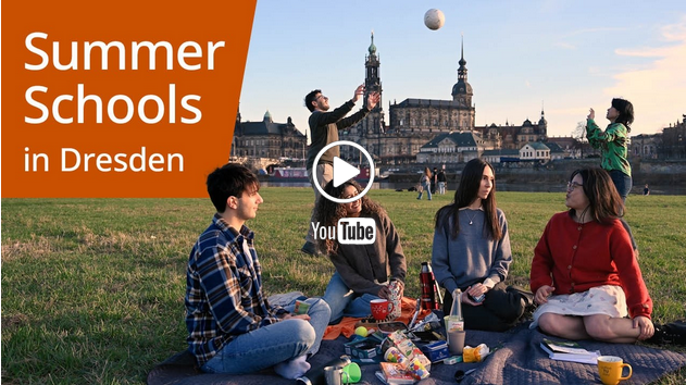 Startbild eines Promo-Videos: Junge Menschen sitzen auf einer Wiese und machen vor der Kulisse der Dresdner Altstadt ein Picknick. Logo