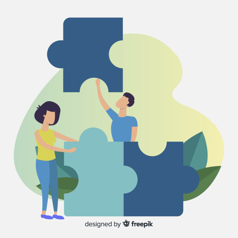 eine Illustration von 2 Personen, die zusammen große Puzzleteile zusammenstecken Logo
