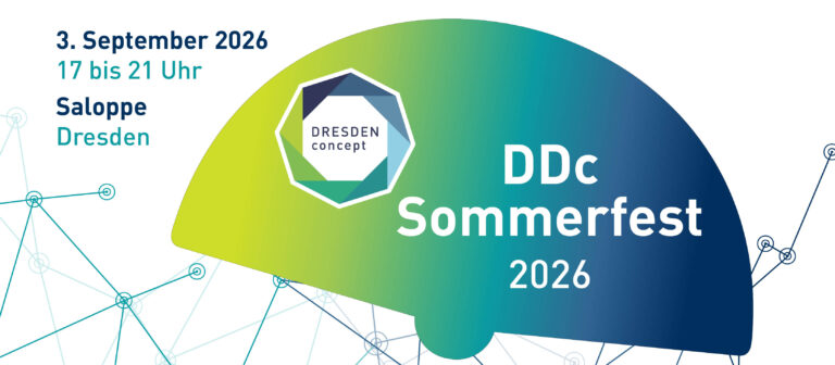 September 3, 2026, 5 to 9 pm: DDc Summer Event 2026 with the logo of DRESDEN-concept on an illustration of a fan with a color gradient from green to blue. Logo